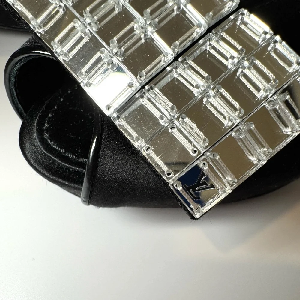 Louis Vuitton Music Hall Black Satin Peep Toe Heel W Mirror Crystal Logo Sz 38.5